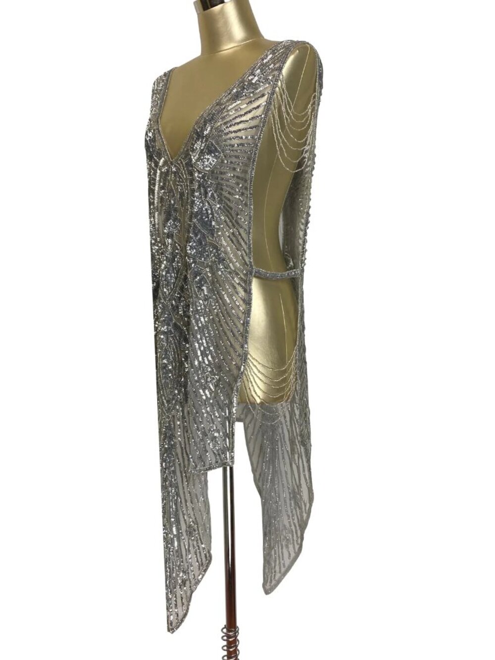Deco Haus 1920s silver Panel Draped Tabard Gown Blow-Up Dress satin slip luxe OS